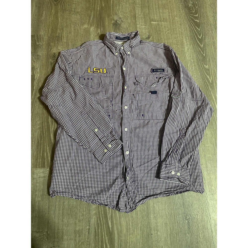 LSU Tigers Columbia PFG Long Sleeve Button Vented Check Mens Small Bonehead - Picture 2 of 7